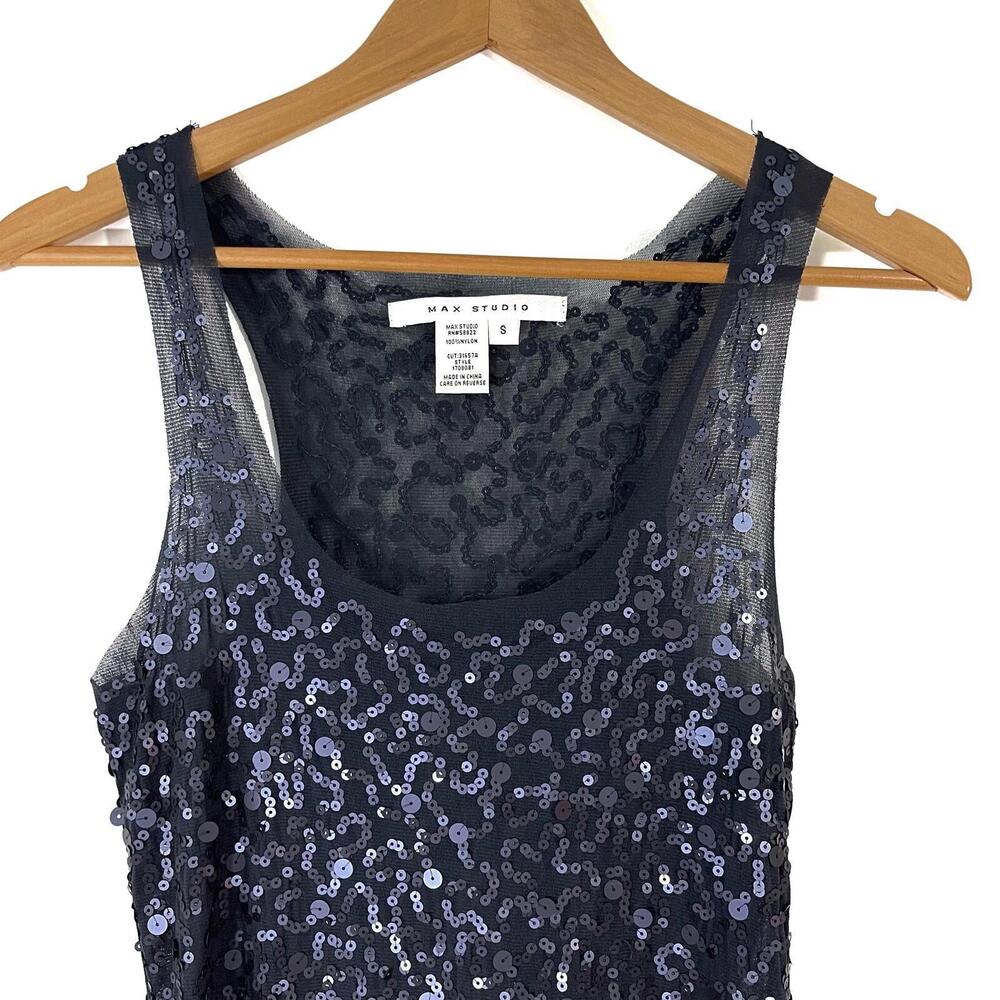 Max Studio Women’s Size Small Dark Blue Sequin Mesh Sleeveless Tunic Tank Top - Picture 2 of 9